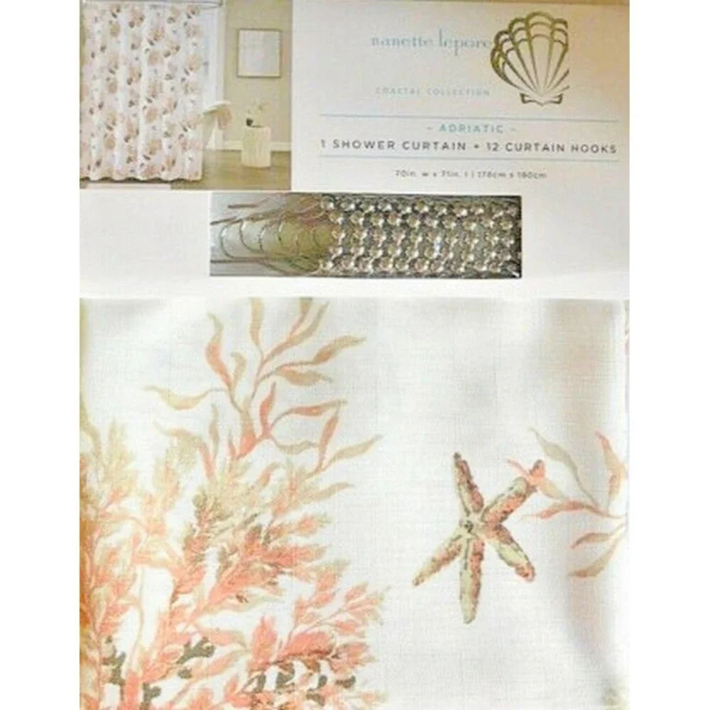 Nanette Lepore Adriatic Shells Shower Curtain w/ Hooks Beach Nautical Fabric